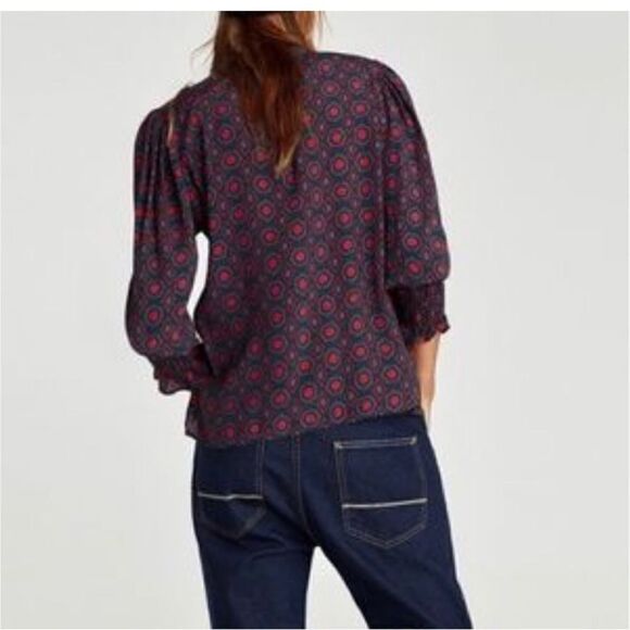 Zara Women Blue Red Triangles Cinched Sleeve Waist Extra Large - Picture 2 of 16